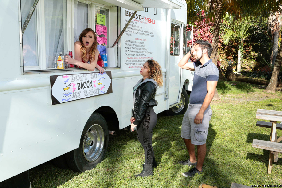 Alex Blake gets slammed by her friend's sausage while working in the food truck