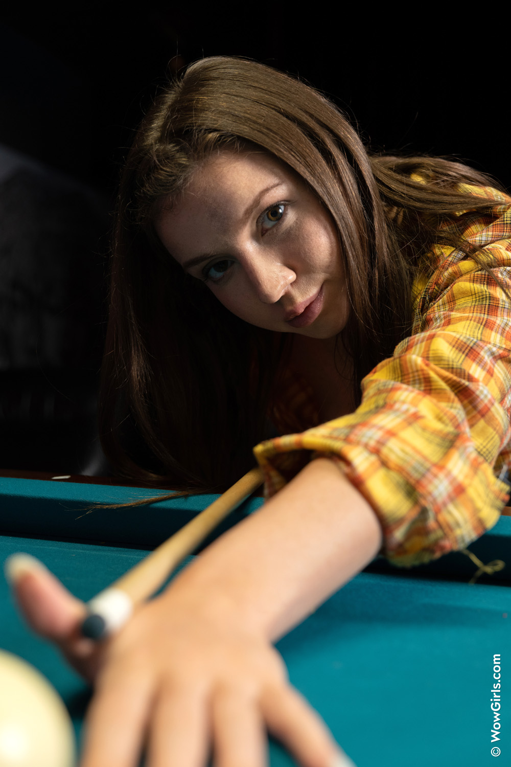 Kelly Rouss exposes her shaved and pierced pussy on top of the pool table