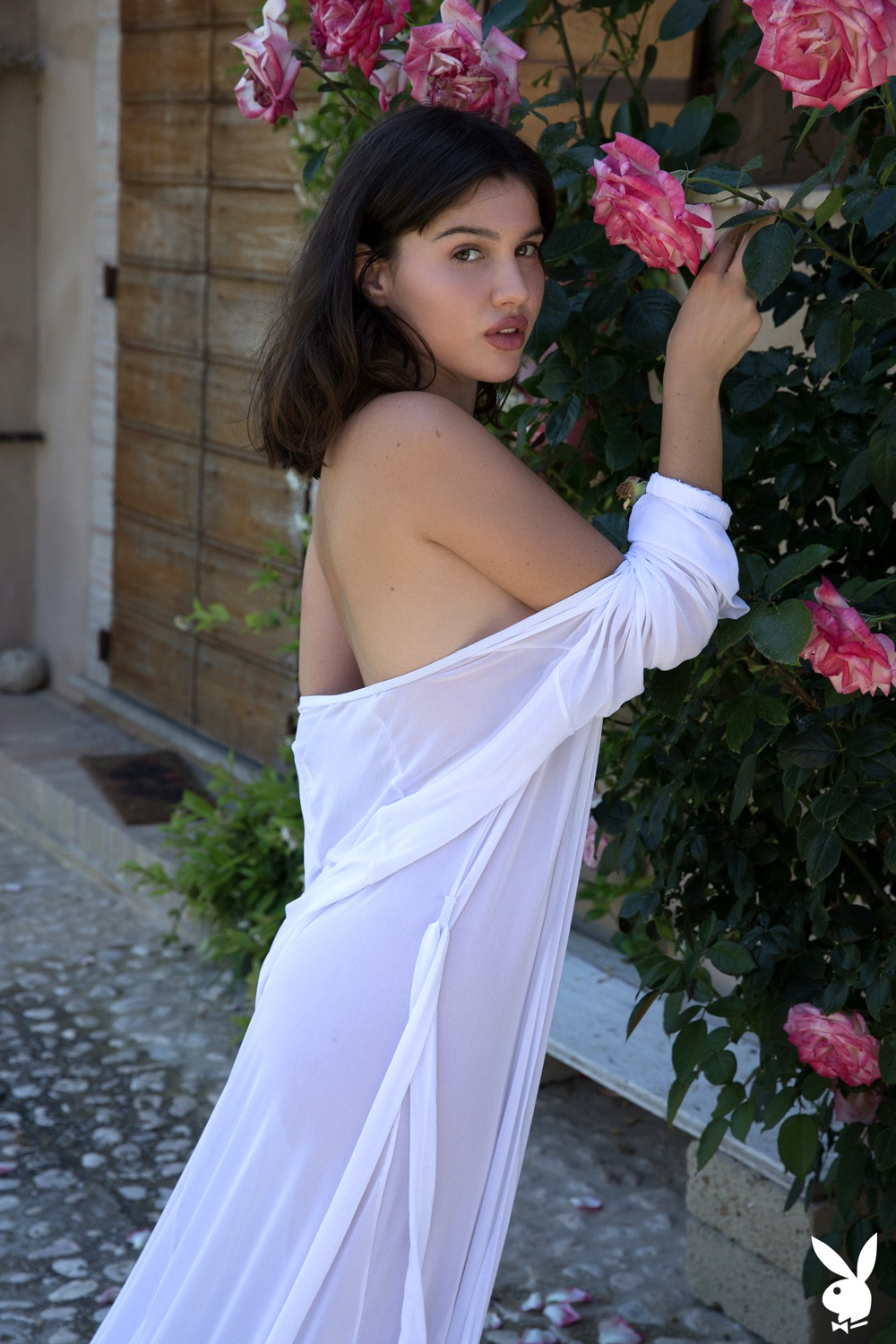 Laura Devushcat undresses outdoors surrounded by rose bushes
