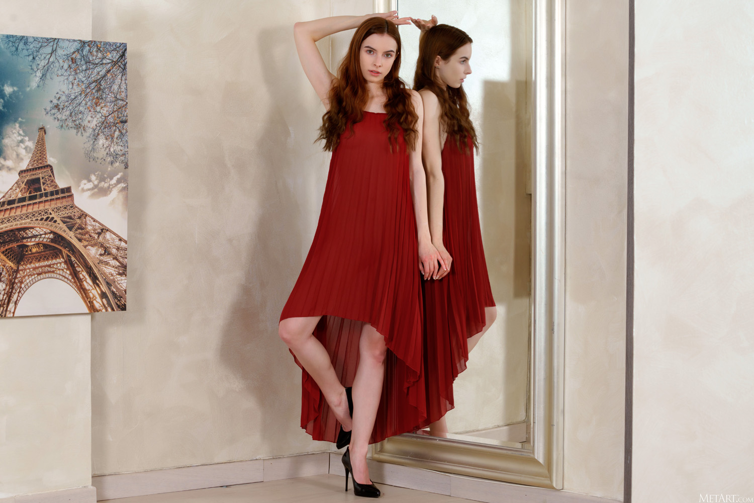 Loren Sun peels off her elegant red dress in front of the full length mirror
