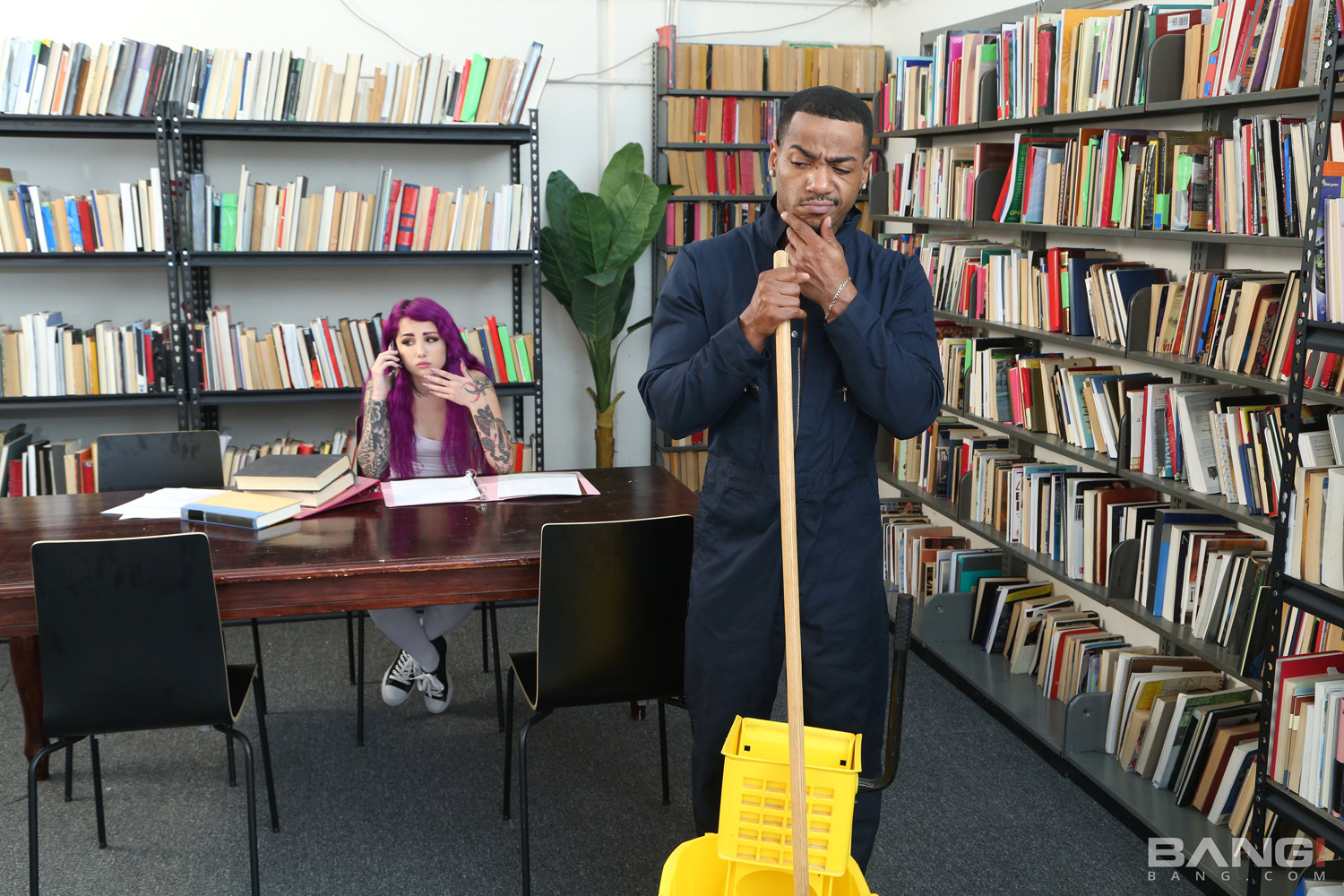 Val Steele bangs the janitor in the library after class